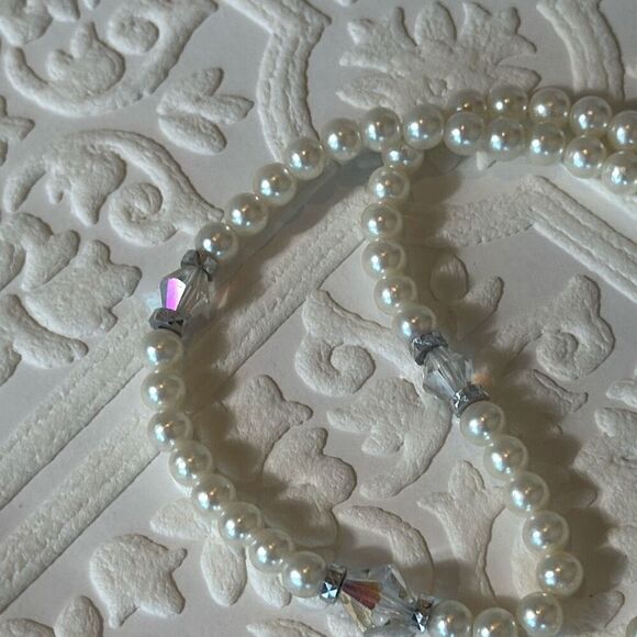 Vintage Art Deco Glass Pearl Choker Necklace With Faceted Clear Crystals 15” - Picture 15 of 15